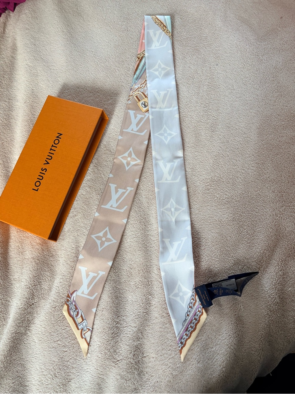 Louis Vuitton Beige and White Monogram Silk Twilly Scarf Ribbon